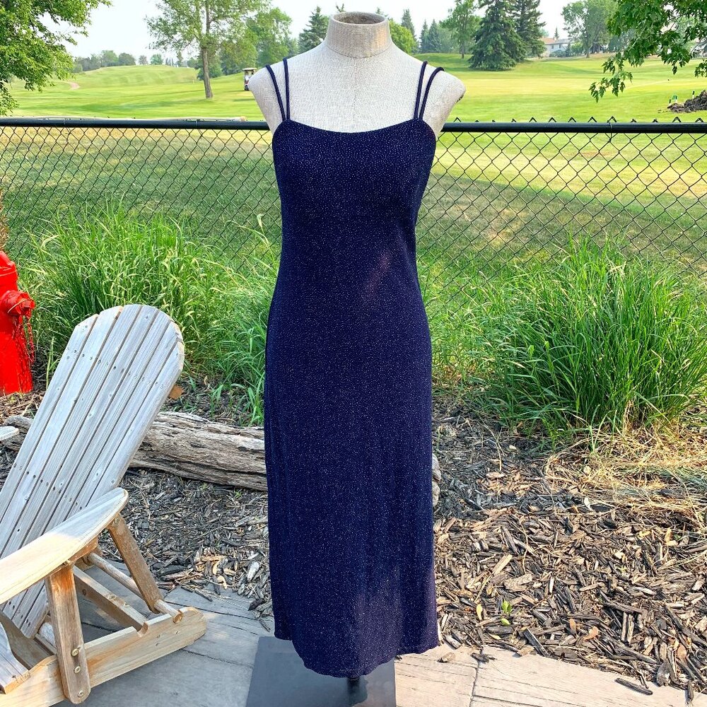 Vintage Maxi Slip Dress Navy Sparkle Stretch Tie Back Sleeveless Evening Gown